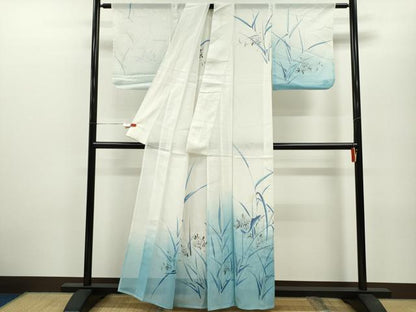 平和屋着物＊夏物 訪問着 絽 手描き 魚 草花文 暈し染め 銀彩 洗える着物 CABB2209ze