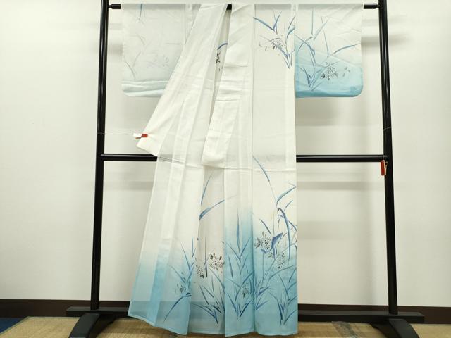 平和屋着物＊夏物 訪問着 絽 手描き 魚 草花文 暈し染め 銀彩 洗える着物 CABB2209ze