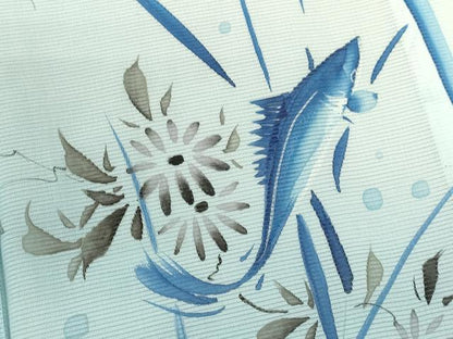 平和屋着物＊夏物 訪問着 絽 手描き 魚 草花文 暈し染め 銀彩 洗える着物 CABB2209ze