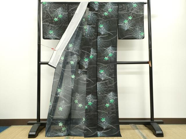 平和屋着物＊夏物 小紋 絽 草花文 黒地 洗える着物 CABB2210ze