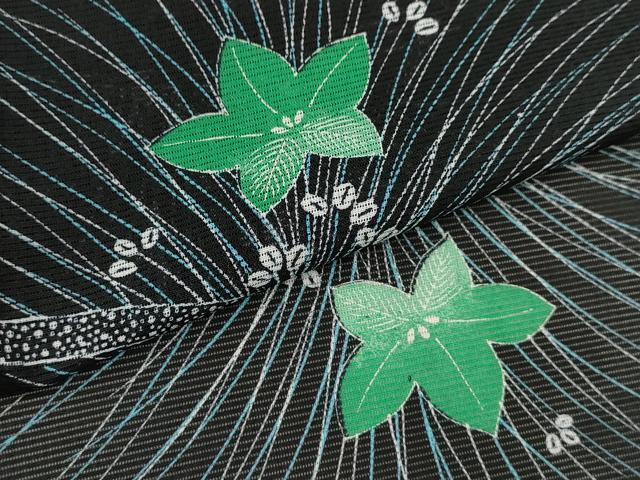 平和屋着物＊夏物 小紋 絽 草花文 黒地 洗える着物 CABB2210ze