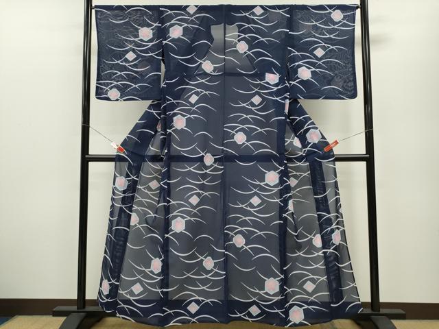 平和屋着物＊夏物 小紋 絽 舞蝶草花文 洗える着物 CABB2214ze