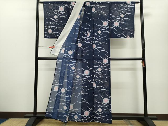 平和屋着物＊夏物 小紋 絽 舞蝶草花文 洗える着物 CABB2214ze