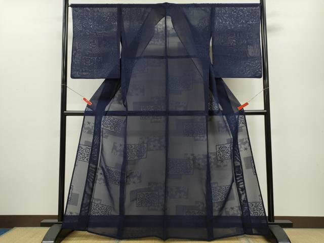 平和屋着物＊夏物 色無地 花唐草紋紗 濃藍色 正絹 逸品 CABB2239ze