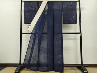 平和屋着物＊夏物 色無地 花唐草紋紗 濃藍色 正絹 逸品 CABB2239ze