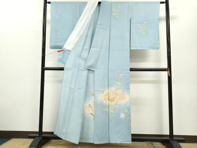 平和屋着物＊夏物 訪問着 絽 刺繍 枝花文 暈し染め 銀