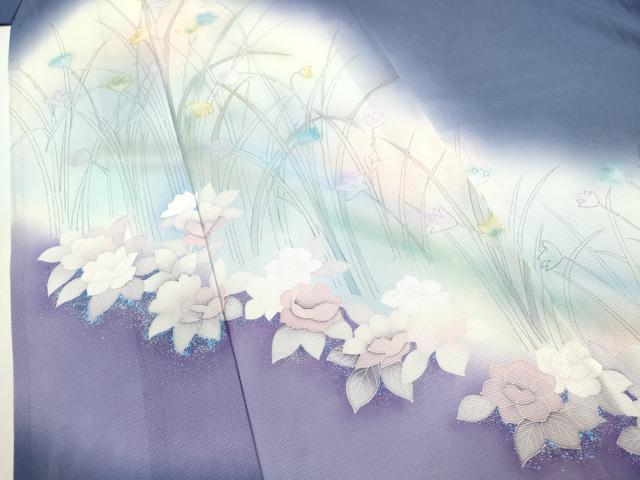 平和屋着物＊夏物 訪問着 絽 手描き 草花文 暈し染め 銀彩