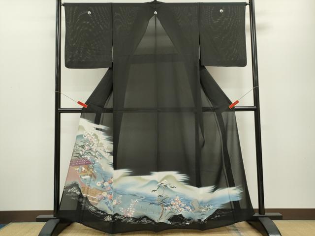 平和屋着物＊夏物　黒留袖　絽　人物風景花文　暈し染め　金彩　正絹　逸品　CABB2282ze 平和屋着物＊夏物 黒留袖 絽 人物風景花文 暈し染め 金彩 正絹 逸品