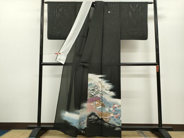 平和屋着物＊夏物 黒留袖 絽 人物風景花文 暈し染め 金彩