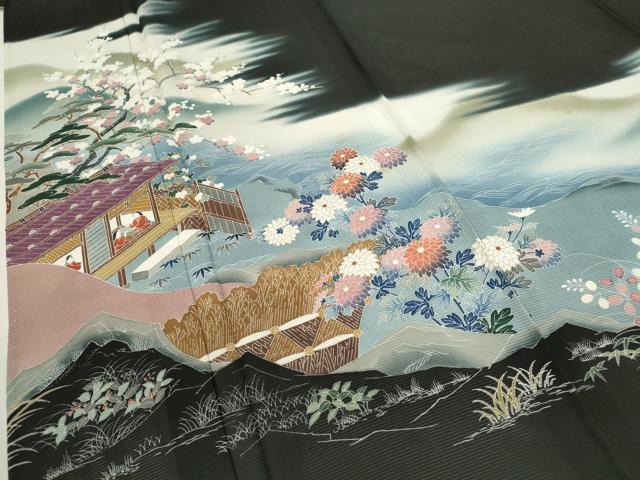 平和屋着物＊夏物 黒留袖 絽 人物風景花文 暈し染め 金彩