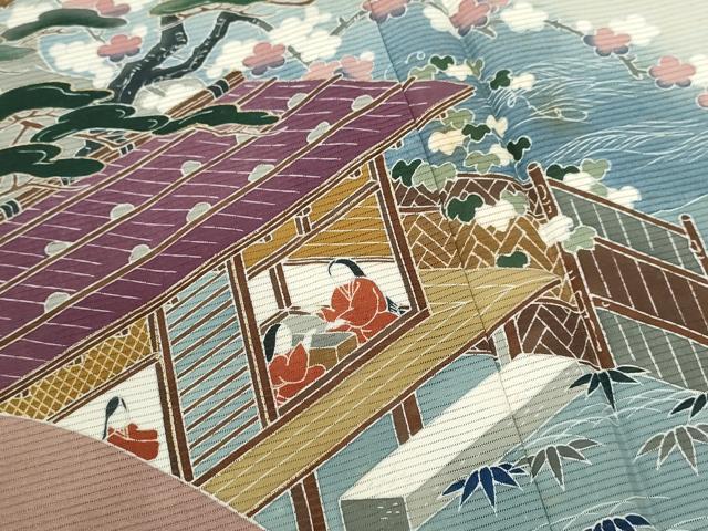 平和屋着物＊夏物　黒留袖　絽　人物風景花文　暈し染め　金彩　正絹　逸品　CABB2282ze 平和屋着物＊夏物 黒留袖 絽 人物風景花文 暈し染め 金彩