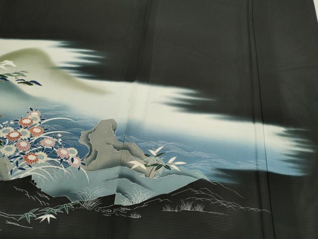 平和屋着物＊夏物　黒留袖　絽　人物風景花文　暈し染め　金彩　正絹　逸品　CABB2282ze 平和屋着物＊夏物 黒留袖 絽 人物風景花文 暈し染め 金彩