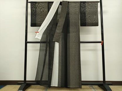 平和屋着物＊夏物 小紋 紗 縞吉祥文 黒地 正絹 逸品 CABB2323ze