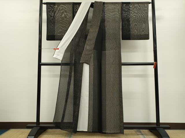 平和屋着物＊夏物 小紋 紗 縞吉祥文 黒地 正絹 逸品 CABB2323ze