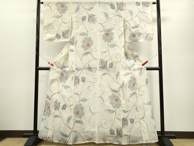 平和屋着物＊夏物 小千谷ちぢみ 更紗花唐草文 麻 逸品 CABB2328ze