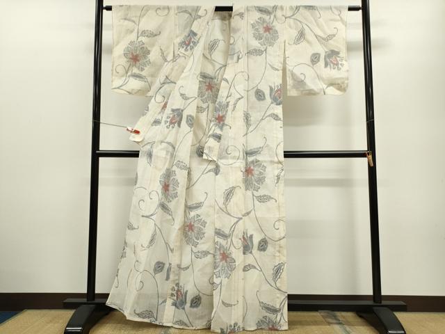 平和屋着物＊夏物 小千谷ちぢみ 更紗花唐草文 麻 逸品 CABB2328ze
