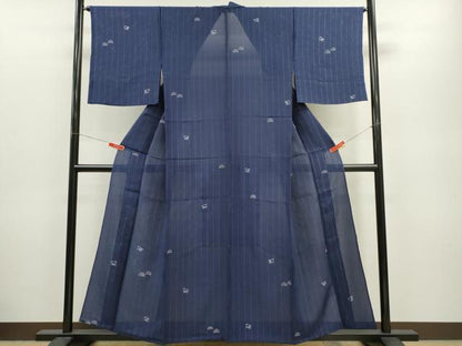 平和屋着物＊夏物 小紋 絽 千鳥 縞 銀通し地 正絹 逸品 CABB2329ze
