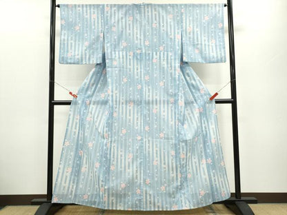 平和屋着物＊夏物 小紋 絽 縞 枝垂れ花文 暈し染め 洗える着物 CABB2347ze