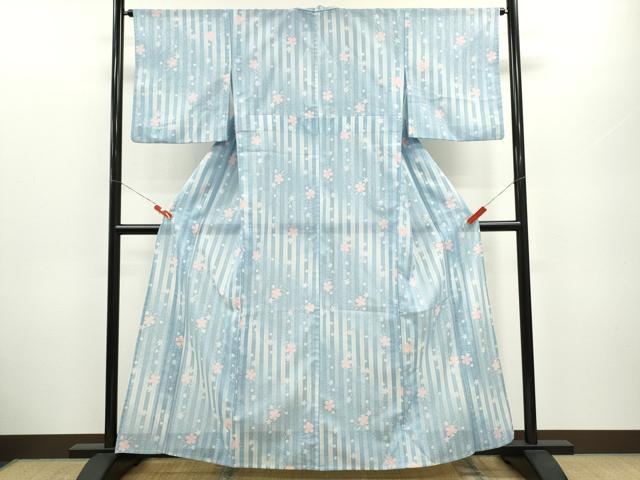 平和屋着物＊夏物 小紋 絽 縞 枝垂れ花文 暈し染め 洗える着物 CABB2347ze