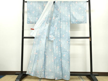 平和屋着物＊夏物 小紋 絽 縞 枝垂れ花文 暈し染め 洗える着物 CABB2347ze