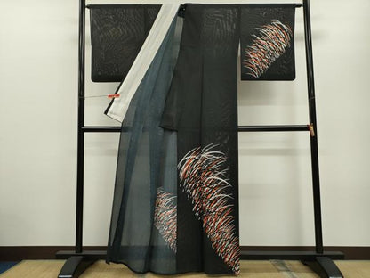 平和屋着物＊夏物 訪問着 絽 草木シルエット 黒地 洗える着物 CABB2368ze