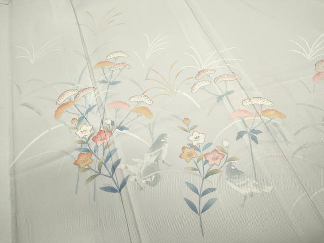平和屋着物＊夏物 訪問着 絽 雀 草花文 金彩 正絹 逸品 CABB2386ze