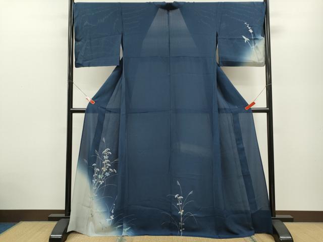 平和屋着物＊夏物 訪問着 縦絽 草花文 暈し染め 金銀彩 正絹 逸品 CABB2389ze