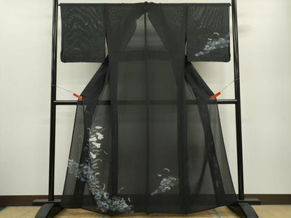 平和屋着物＊夏物　訪問着　手描き　鈴蘭　黒地　金銀彩　正絹　逸品　CABB2397ze