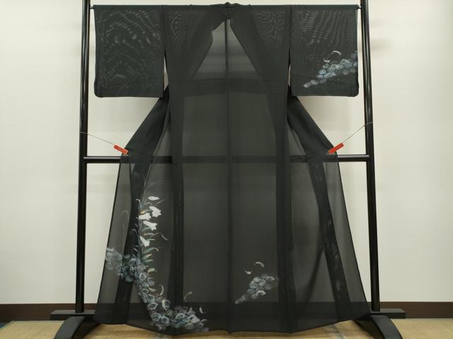 平和屋着物＊夏物　訪問着　手描き　鈴蘭　黒地　金銀彩　正絹　逸品　CABB2397ze