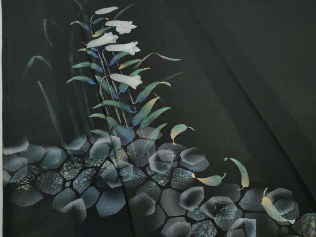 平和屋着物＊夏物　訪問着　手描き　鈴蘭　黒地　金銀彩　正絹　逸品　CABB2397ze