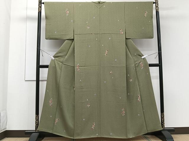 M2943着物と帯 京月花くすんだブルー系格子絣正絹紬小紋 この価格土曜まで!!送料込み【未仕立】正絹小紋