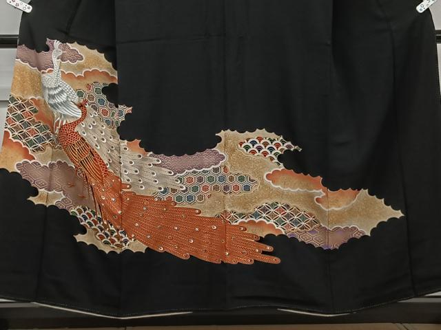 平和屋着物■豪華黒留袖 駒刺繍 孔雀花文 金彩 正絹 逸品 CABB2784xi