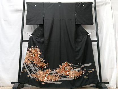 平和屋着物■豪華黒留袖　駒刺繍　御所車宝尽くし花文　金彩　正絹　逸品　CABB2950xe