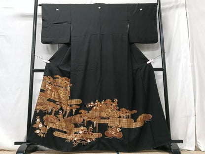 平和屋着物■豪華黒留袖　駒刺繍　エ霞松文　金彩　正絹　逸品　CABB3087xe