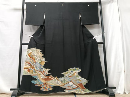 平和屋着物■豪華黒留袖　駒刺繍　花鳥文　金彩　正絹　逸品　CABB3112xe