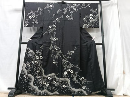 平和屋着物●訪問着 絞り 立波枝花文 黒地 正絹 逸品 CABB3190xe