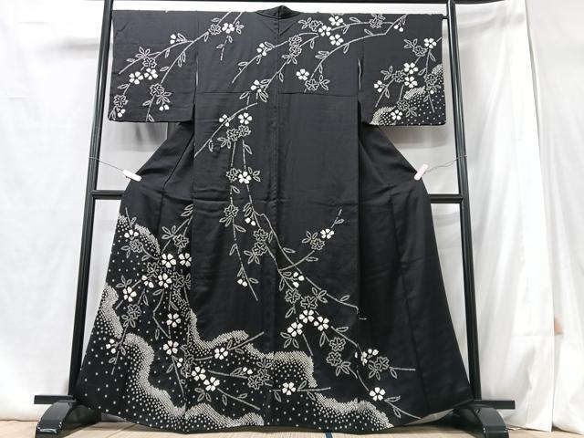 平和屋着物●訪問着 絞り 立波枝花文 黒地 正絹 逸品 CABB3190xe