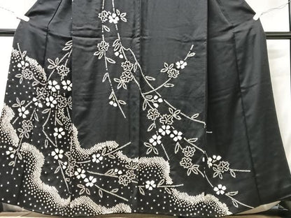 平和屋着物●訪問着 絞り 立波枝花文 黒地 正絹 逸品 CABB3190xe