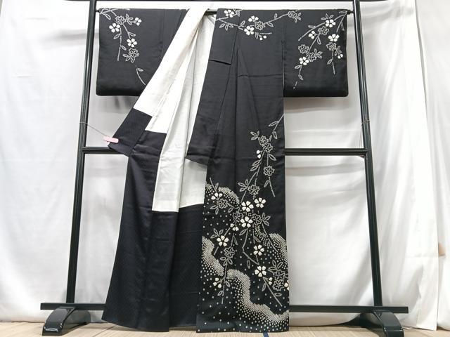 平和屋着物●訪問着 絞り 立波枝花文 黒地 正絹 逸品 CABB3190xe
