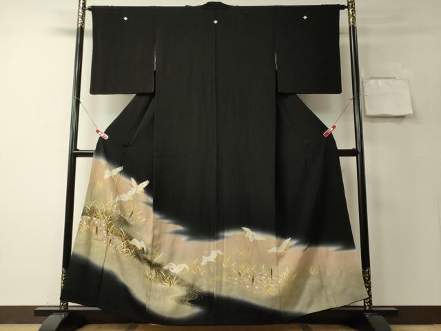 平和屋着物■豪華黒留袖　刺繍　飛鶴流水文　暈し染め　金彩　正絹　逸品　CABB3202oy
