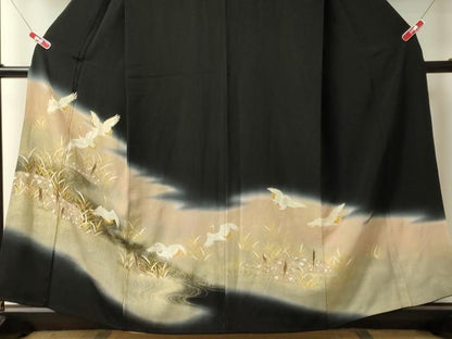 平和屋着物■豪華黒留袖　刺繍　飛鶴流水文　暈し染め　金彩　正絹　逸品　CABB3202oy