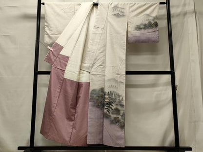 平和屋着物■訪問着　紬地　手描き　風景草木文　暈し染め　金彩　正絹　逸品　CABB3239oy