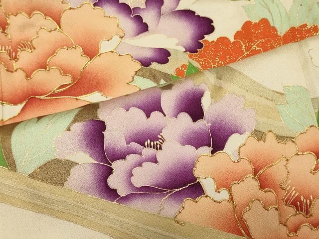 平和屋着物■訪問着　駒刺繍　草花文　牡丹　金彩　正絹　逸品　CABB3324oy