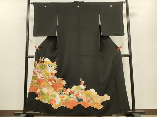 平和屋着物■豪華黒留袖 刺繍 渡橋群鶴松文 金彩 正絹 逸品 CABB3466oy
