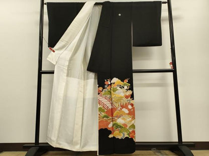 平和屋着物■豪華黒留袖 刺繍 渡橋群鶴松文 金彩 正絹 逸品 CABB3466oy