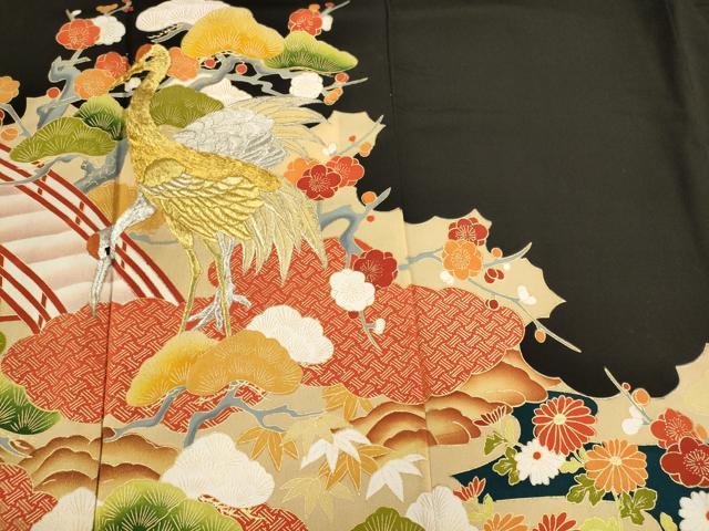平和屋着物■豪華黒留袖 刺繍 渡橋群鶴松文 金彩 正絹 逸品 CABB3466oy