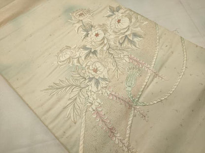 平和屋着物◎六通柄袋帯 刺繍 草花文 藤花房 銀糸 正絹 逸品 CABB3544oy