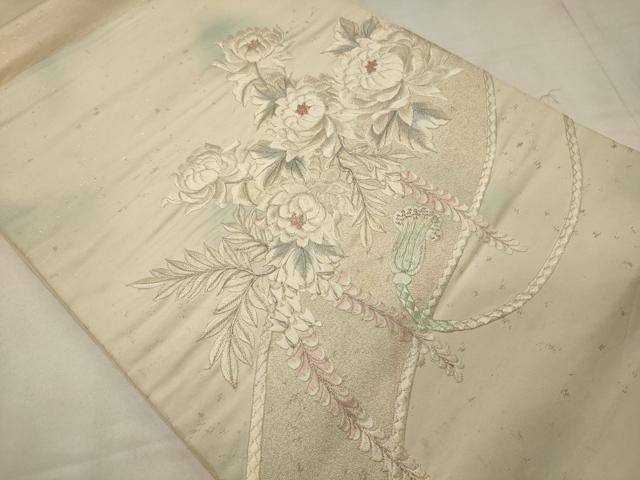 平和屋着物◎六通柄袋帯 刺繍 草花文 藤花房 銀糸 正絹 逸品 CABB3544oy