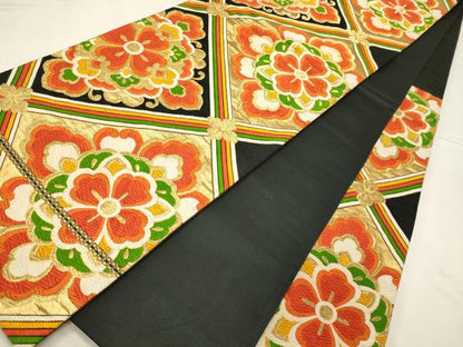 平和屋着物◎六通柄袋帯 唐織 菱正倉院花文 黒地 金糸 正絹 逸品 CABB3578oy