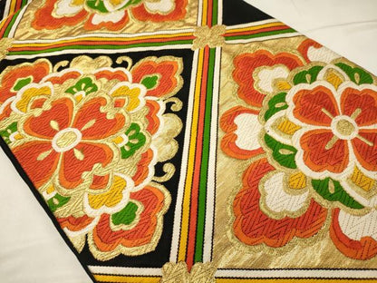 平和屋着物◎六通柄袋帯 唐織 菱正倉院花文 黒地 金糸 正絹 逸品 CABB3578oy